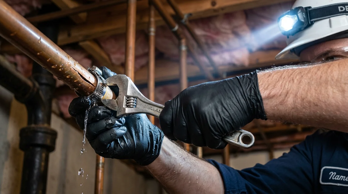 Emergency pipe clamp repair being performed by a Johns Plumbing LLC plumber in Saint Cloud